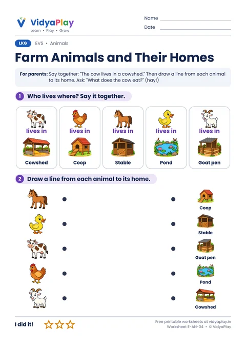 EVS worksheet: farm animals and their homes