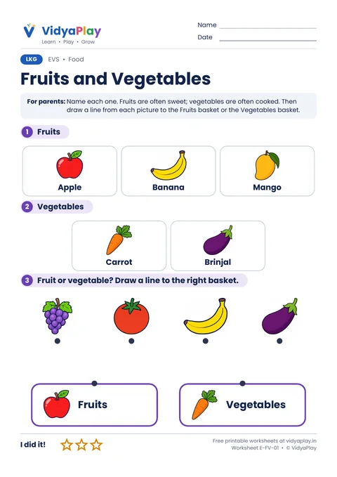 EVS worksheet: fruits and vegetables