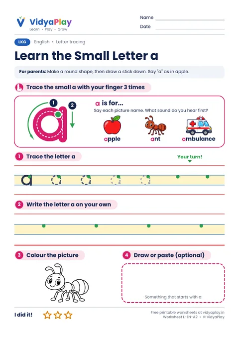 Learn the Small Letter a worksheet preview