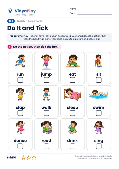 Action words worksheet: do the action and tick