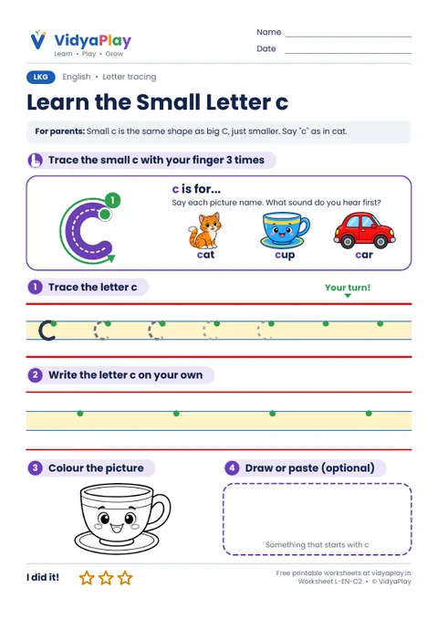 Learn the Small Letter c worksheet preview