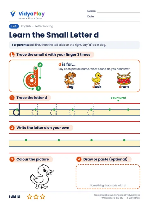 Learn the Small Letter d worksheet preview