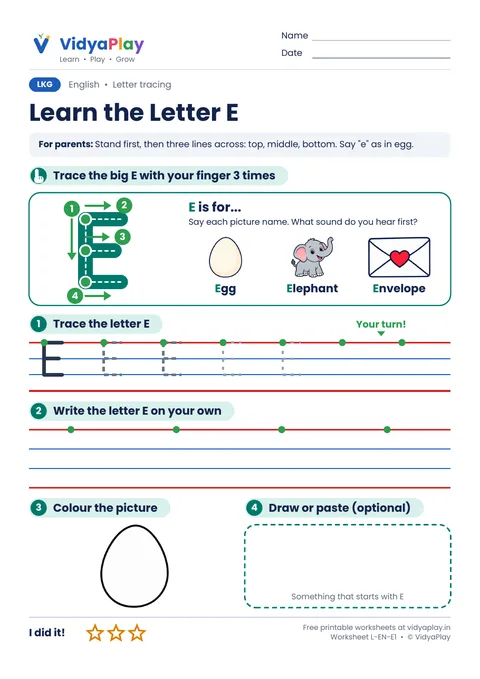 Learn the Letter E worksheet preview