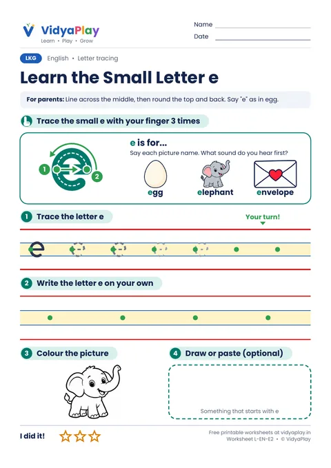 Learn the Small Letter e worksheet preview