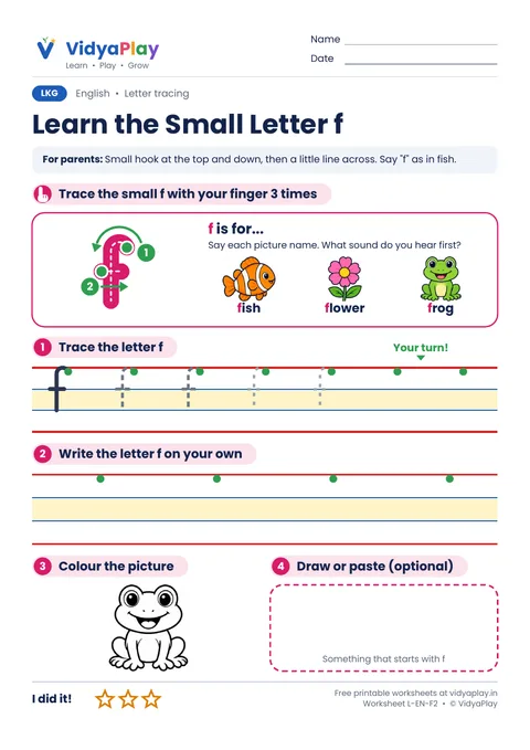 Learn the Small Letter f worksheet preview