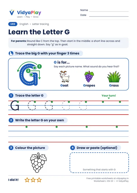 Learn the Letter G worksheet preview