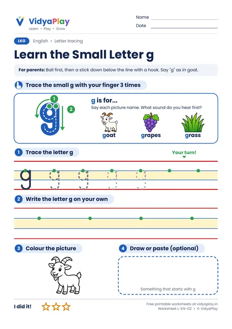 Learn the Small Letter g worksheet preview