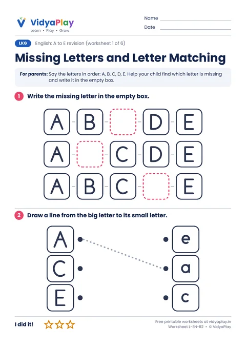 A to E worksheet: missing letters and matching big and small letters