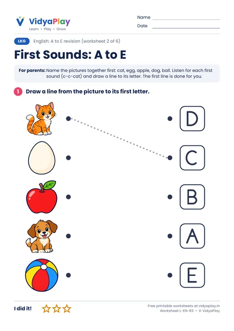 A to E worksheet: match pictures to their first letter
