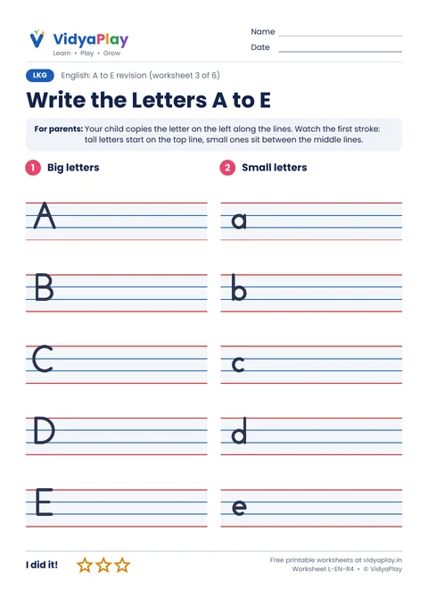 A to E worksheet: write the letters on four lines