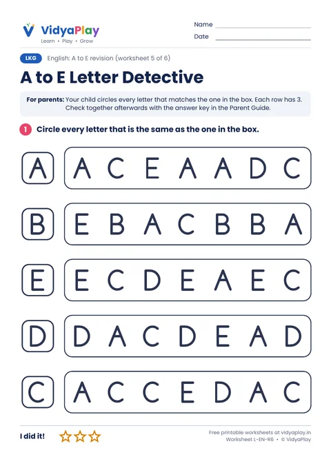 A to E worksheet: circle the matching letters