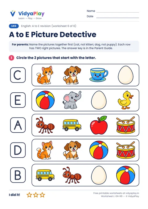 A to E worksheet: circle the pictures that start with the letter