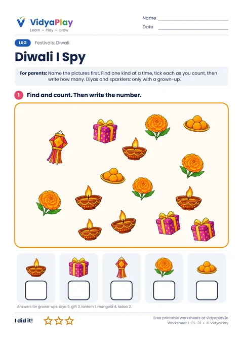 Diwali I Spy worksheet for LKG: find, count and write the number