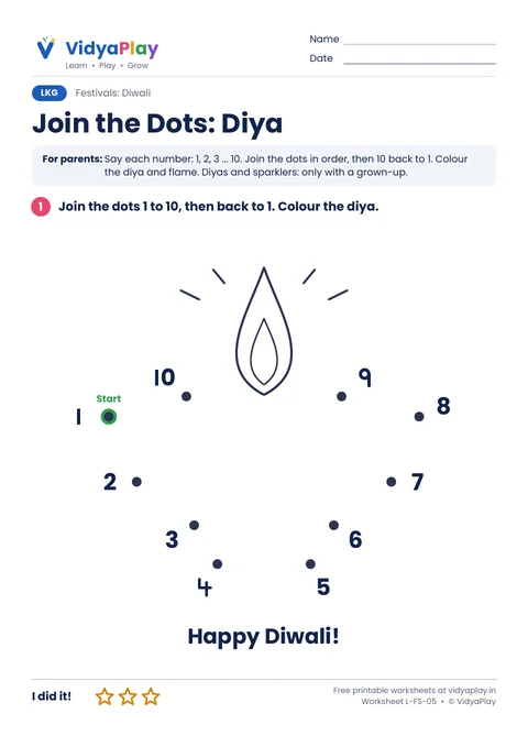 Diwali dot to dot worksheet: join 1 to 10 to make a diya