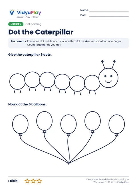 Dot painting worksheet: caterpillar and balloons