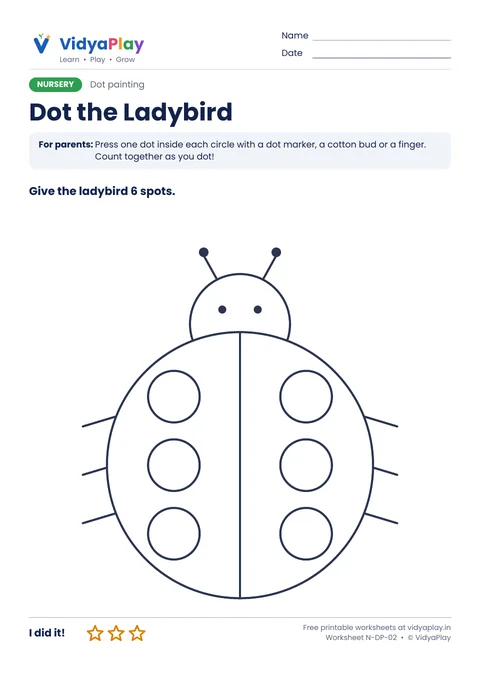 Dot painting worksheet: ladybird with 6 spots