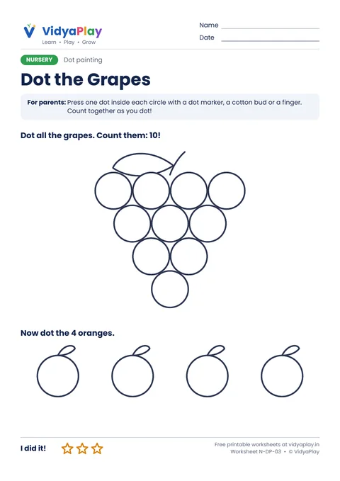 Dot painting worksheet: bunch of grapes and oranges