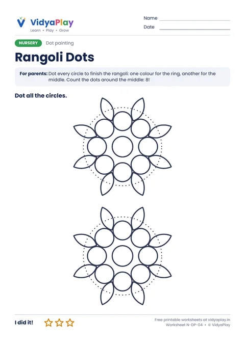 Dot painting worksheet: two rangoli flowers