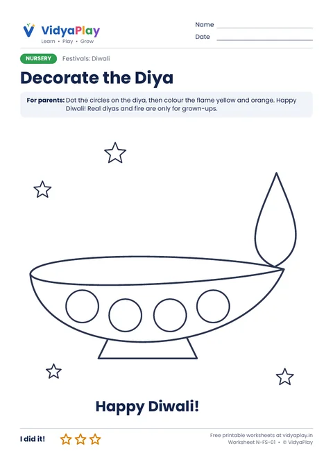Diwali worksheet: a big diya with circles to dot and a flame to colour