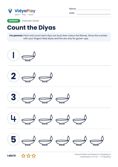 Diwali counting worksheet: rows of 1 to 5 diyas with numbers