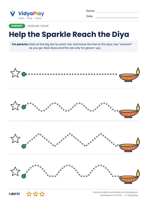 Diwali pre-writing worksheet: trace lines from stars to diyas