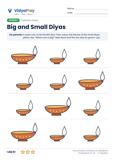 Diwali worksheet: circle the big diya in each row