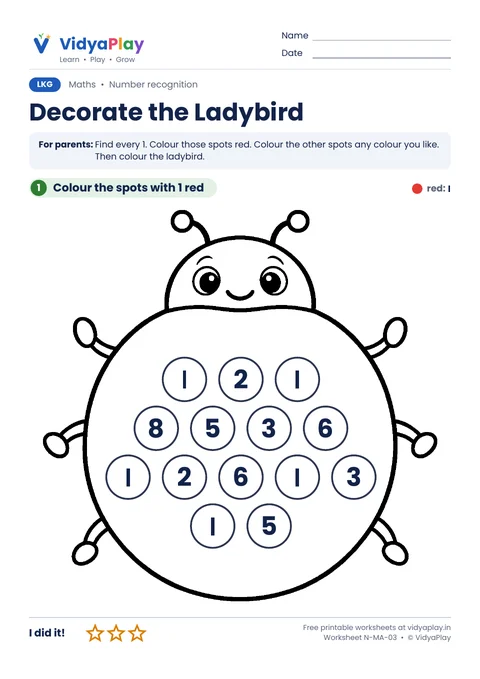 Number 1 hunt worksheet: colour the ladybird spots that show 1