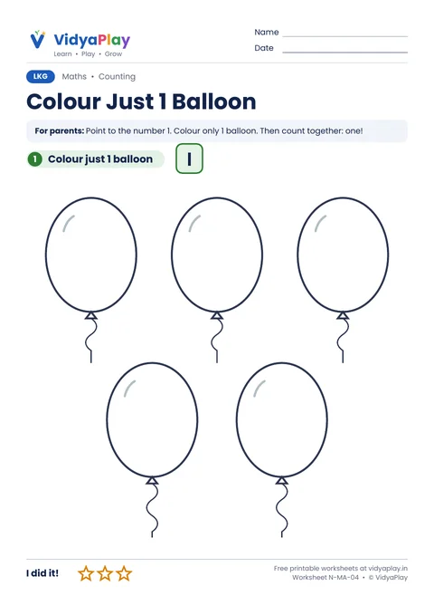 Number 1 worksheet: colour just one balloon