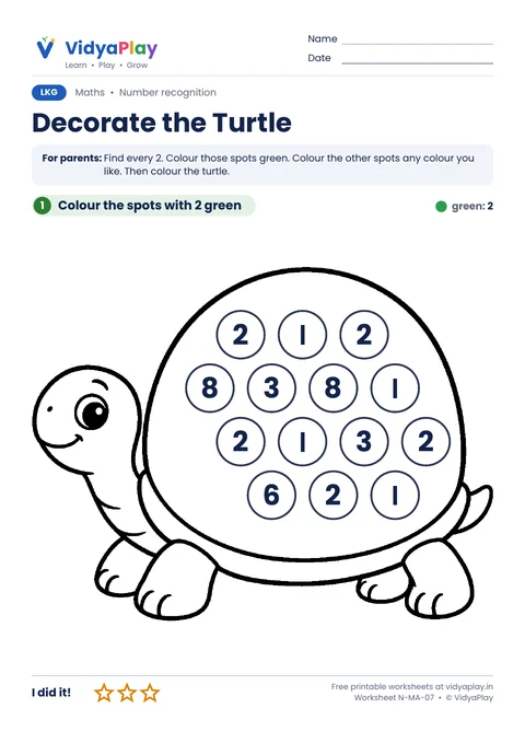 Number 2 hunt worksheet: colour the turtle shell parts that show 2