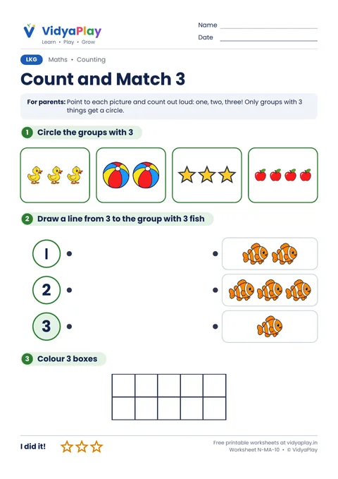 Number 3 counting and matching worksheet