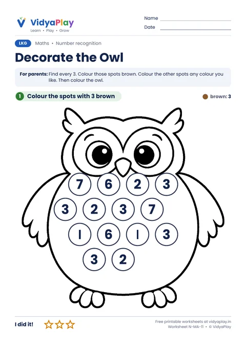 Number 3 hunt worksheet: colour the owl spots that show 3