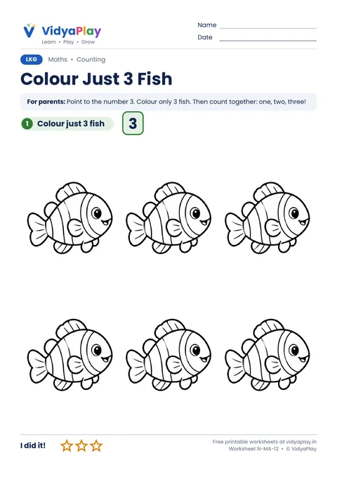 Number 3 worksheet: colour just three fish