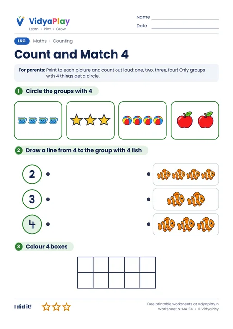 Number 4 counting and matching worksheet