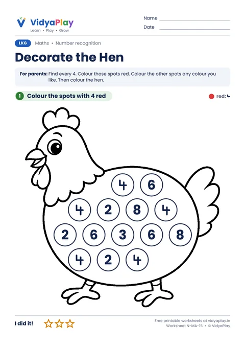 Number 4 hunt worksheet: colour the hen spots that show 4