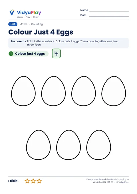 Number 4 worksheet: colour just four eggs