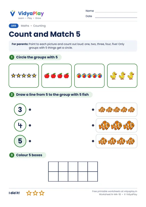 Number 5 counting and matching worksheet