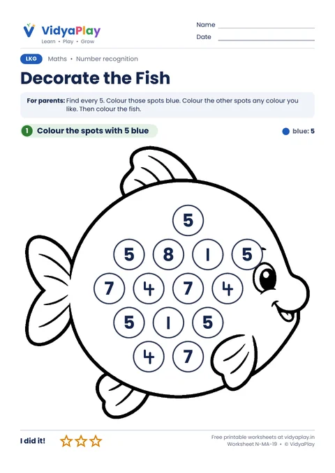 Number 5 hunt worksheet: colour the fish spots that show 5