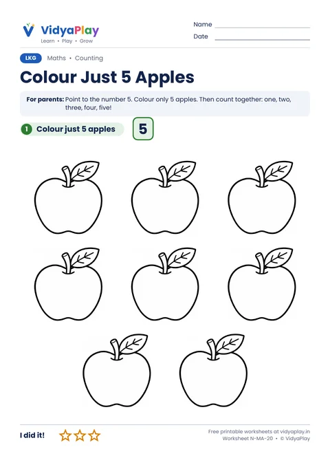 Number 5 worksheet: colour just five apples