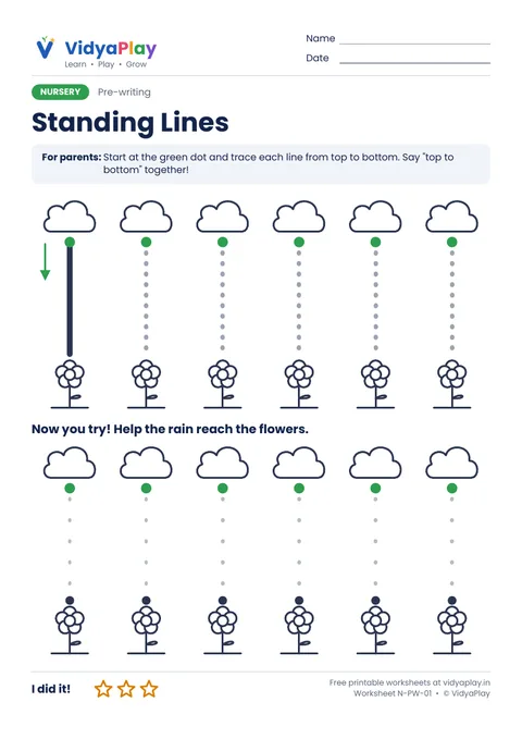 Standing lines worksheet: trace rain from clouds down to flowers