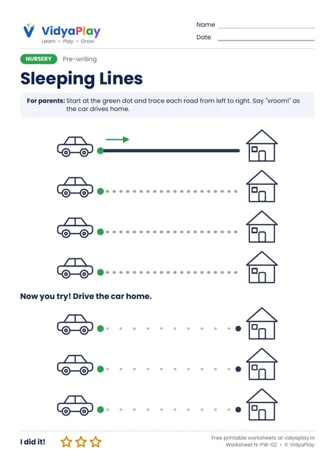 Sleeping lines worksheet: help the car drive home